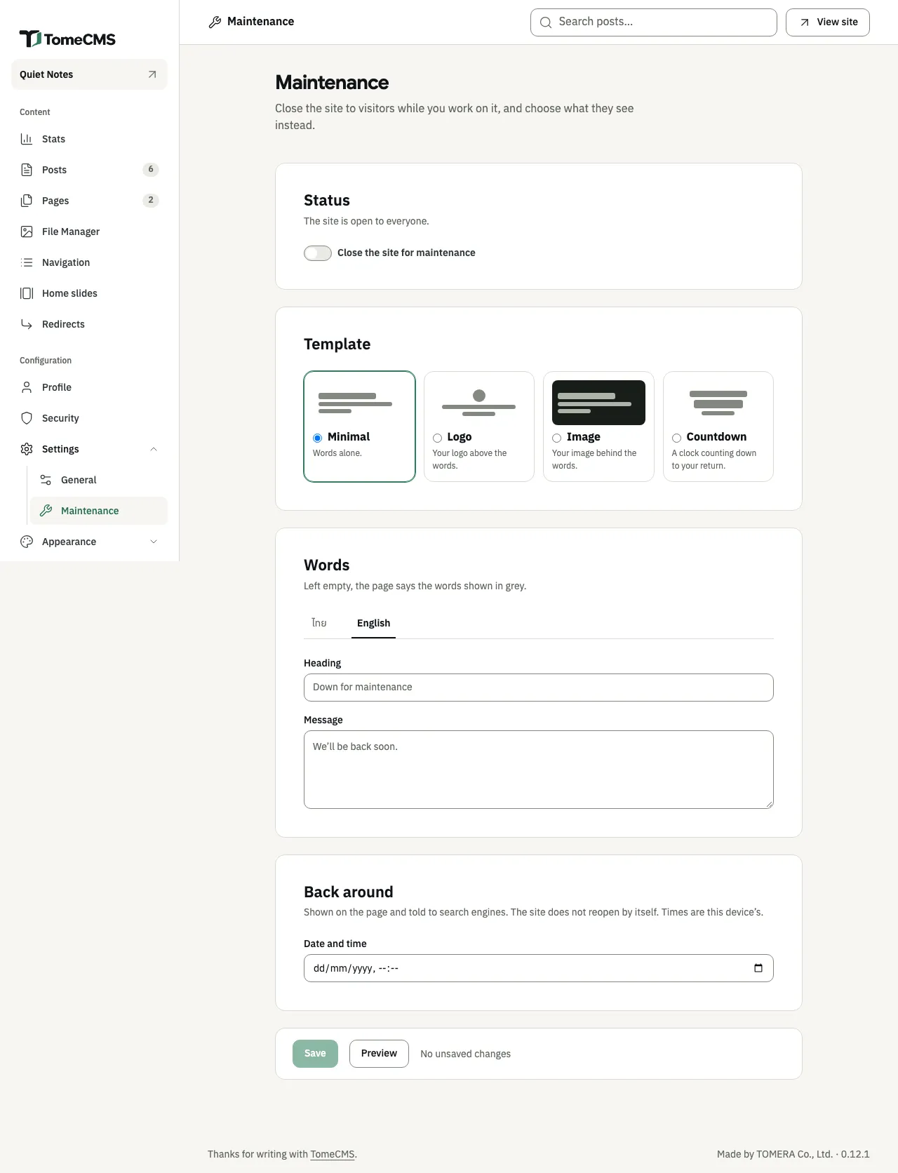 The Maintenance screen. “Status” says the site is open to everyone, with the switch “Close the site for maintenance” off. “Template” offers “Minimal”, which is chosen, “Logo”, “Image” and “Countdown”. “Words” has the “English” tab chosen, with “Down for maintenance” and “We’ll be back soon.” shown in grey. “Back around” has an empty “Date and time”. “Save” and “Preview” are at the bottom.