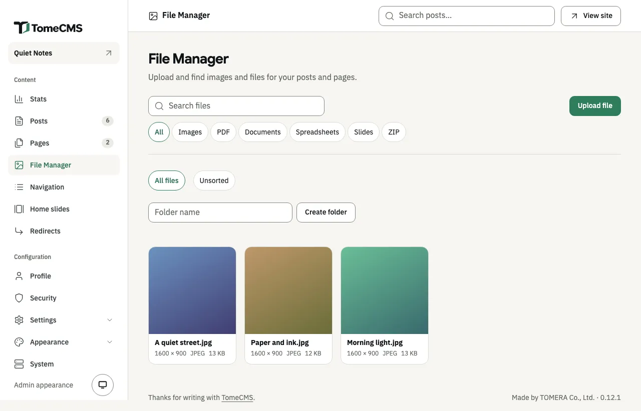 The File Manager with “Search files” and “Upload file” at the top, the type choices “All”, “Images”, “PDF”, “Documents”, “Spreadsheets”, “Slides” and “ZIP”, the folders “All files” and “Unsorted” with a “Folder name” field and “Create folder”, and three JPEG pictures of 1600 × 900 pixels, each with its name and size.