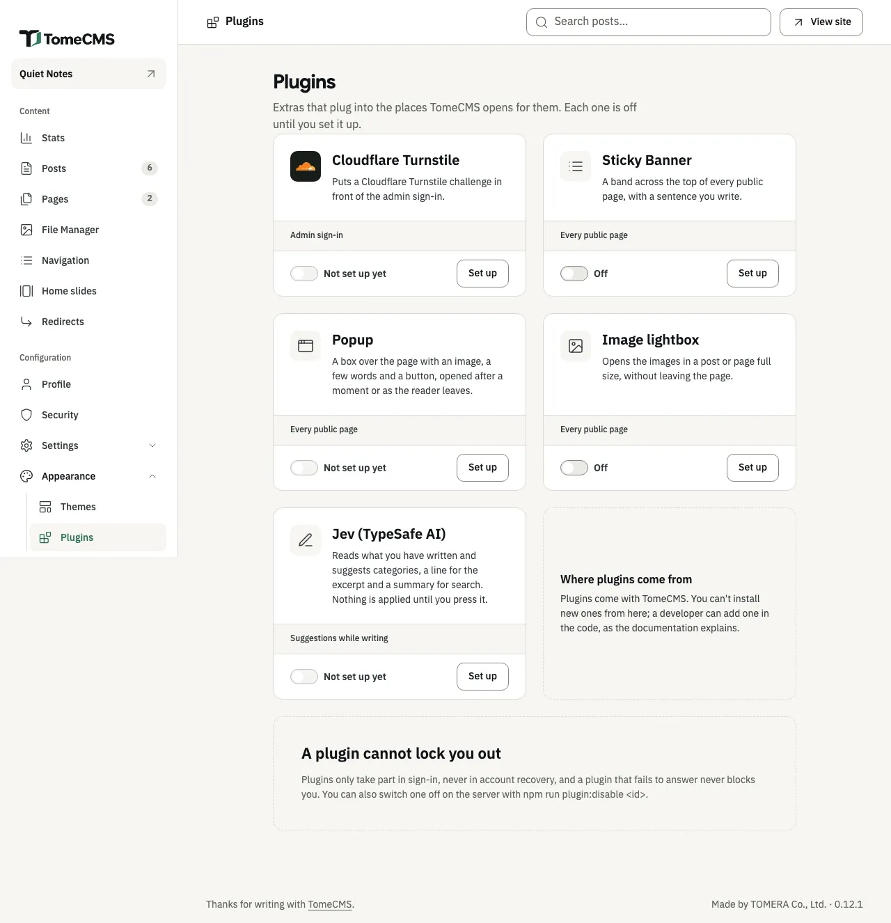 The Plugins screen with five cards: “Cloudflare Turnstile”, “Sticky Banner”, “Popup”, “Image lightbox” and “Jev (TypeSafe AI)”. Each card has the plugin’s name and what it does, then a band saying where it acts, such as “Admin sign-in” or “Every public page”, then a switch and a “Set up” button. Turnstile, Popup and Jev say “Not set up yet”, and Sticky Banner and Image lightbox say “Off”. Beside the Jev card is “Where plugins come from”, and below is “A plugin cannot lock you out”.