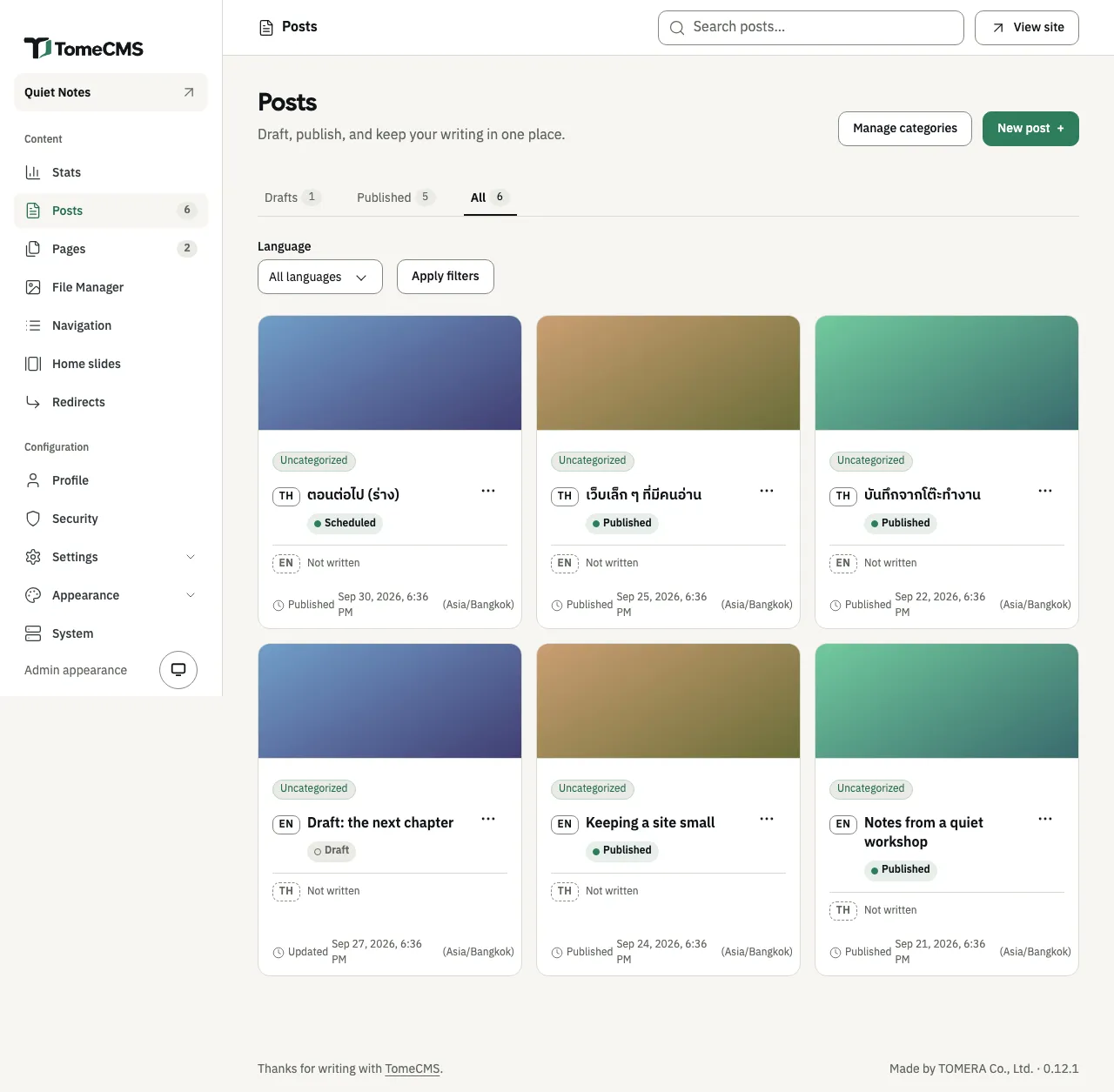 The Posts screen with six posts as cards. Each card has a cover picture, a category, a Thai or English edition with its status, and a “Not written” line for the language not written yet.