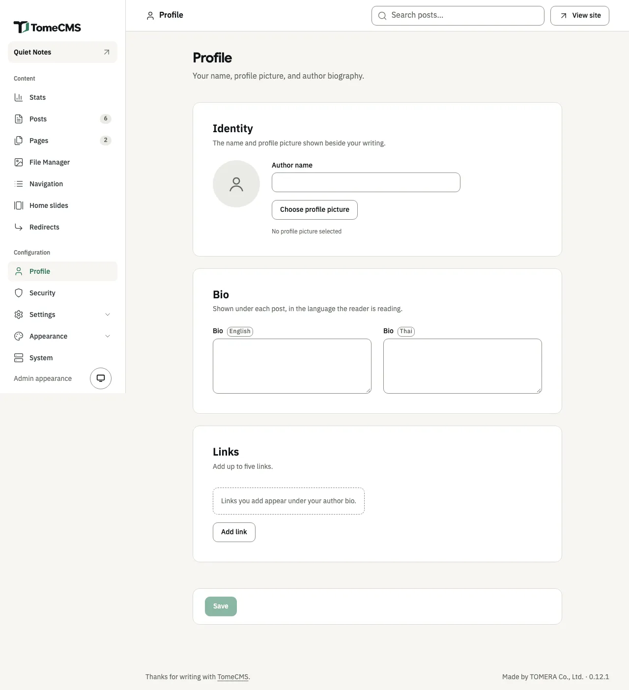 The Profile screen with three cards. “Identity” has an empty “Author name”, a “Choose profile picture” button and “No profile picture selected”. “Bio” has two empty fields, one marked English and one marked Thai. “Links” says links you add appear under your author bio, above an “Add link” button. “Save” is at the bottom.