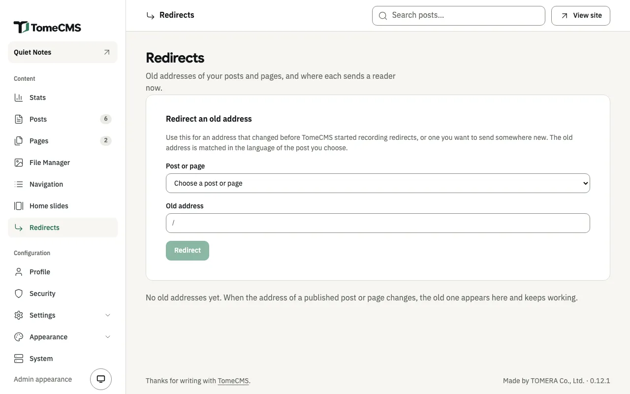 The Redirects screen, with the “Redirect an old address” form: a “Post or page” menu showing “Choose a post or page”, an “Old address” field and a “Redirect” button. Below it, the line that says there are no old addresses yet.