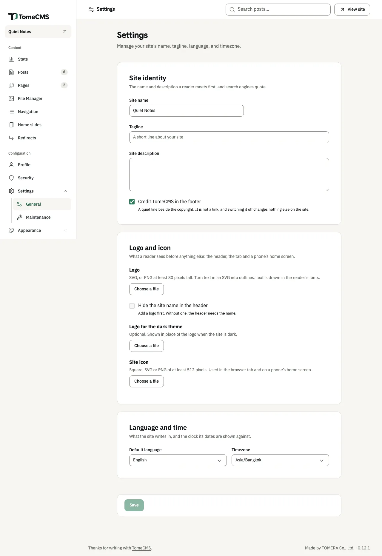 The Settings screen with three cards. “Site identity” has “Site name” set to Quiet Notes, an empty “Tagline” and “Site description”, and “Credit TomeCMS in the footer” ticked. “Logo and icon” has a “Choose a file” button each for “Logo”, “Logo for the dark theme” and “Site icon”, and “Hide the site name in the header” unticked. “Language and time” has “Default language” set to English and “Timezone” set to Asia/Bangkok. “Save” is at the bottom.