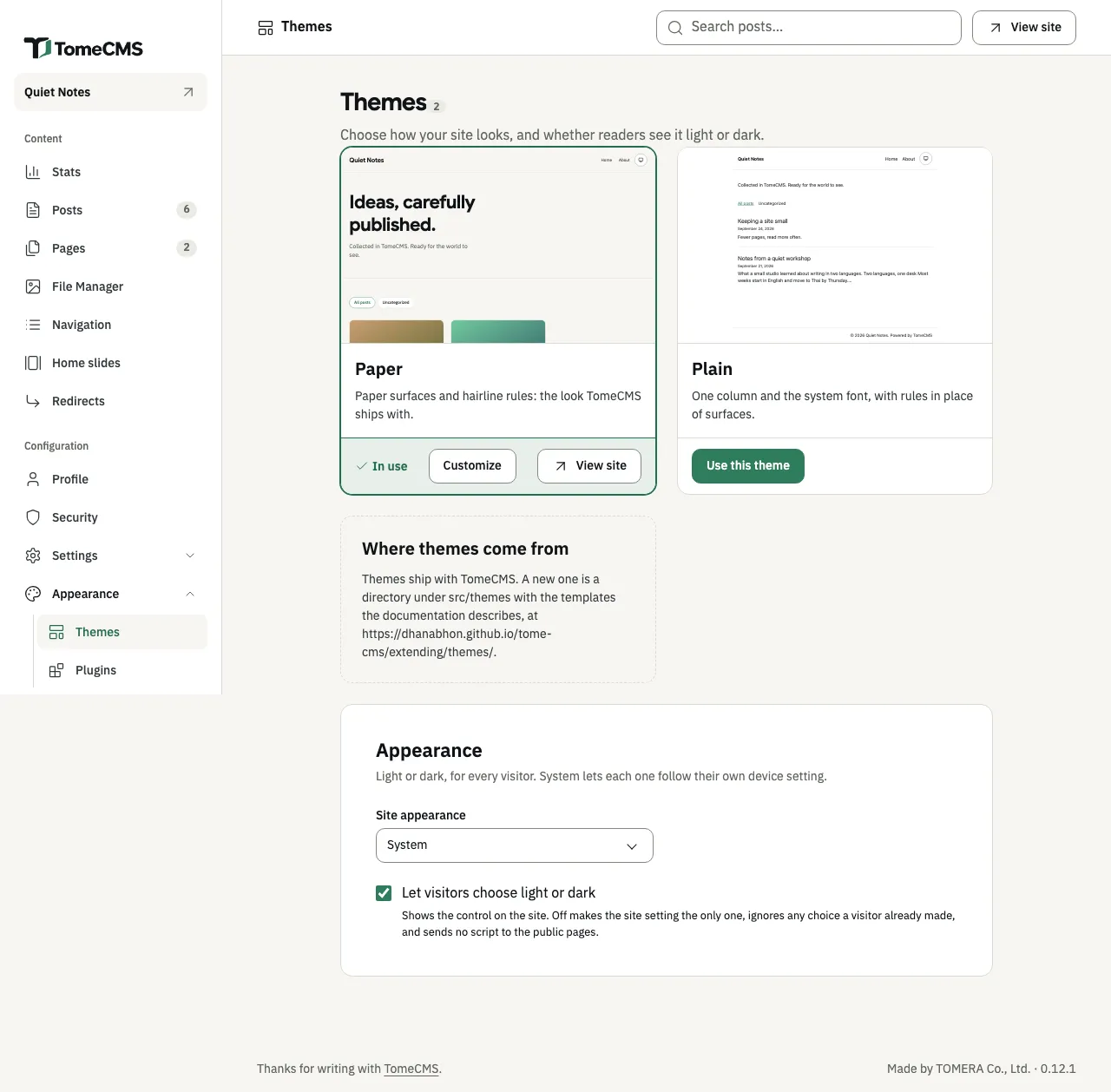 The Themes screen, with a count of 2. The Paper card shows a small preview of the site’s home page with the headline “Ideas, carefully published.”, the description “Paper surfaces and hairline rules: the look TomeCMS ships with.”, and “In use”, “Customize” and “View site” under it. The Plain card shows a one-column preview and a “Use this theme” button. Below are the card “Where themes come from” and the “Appearance” card, where “Site appearance” is “System” and “Let visitors choose light or dark” is ticked.